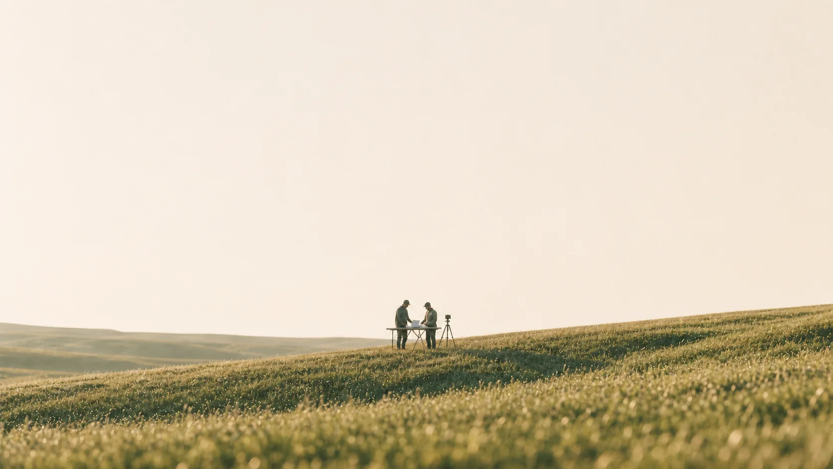 Two technology consultants reviewing plans at a field table in the Kansas Flint Hills