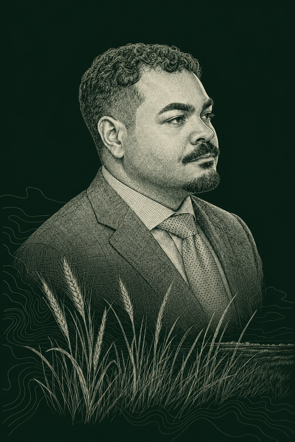 Pen and ink portrait of Kaid Mossburgh among prairie wheat