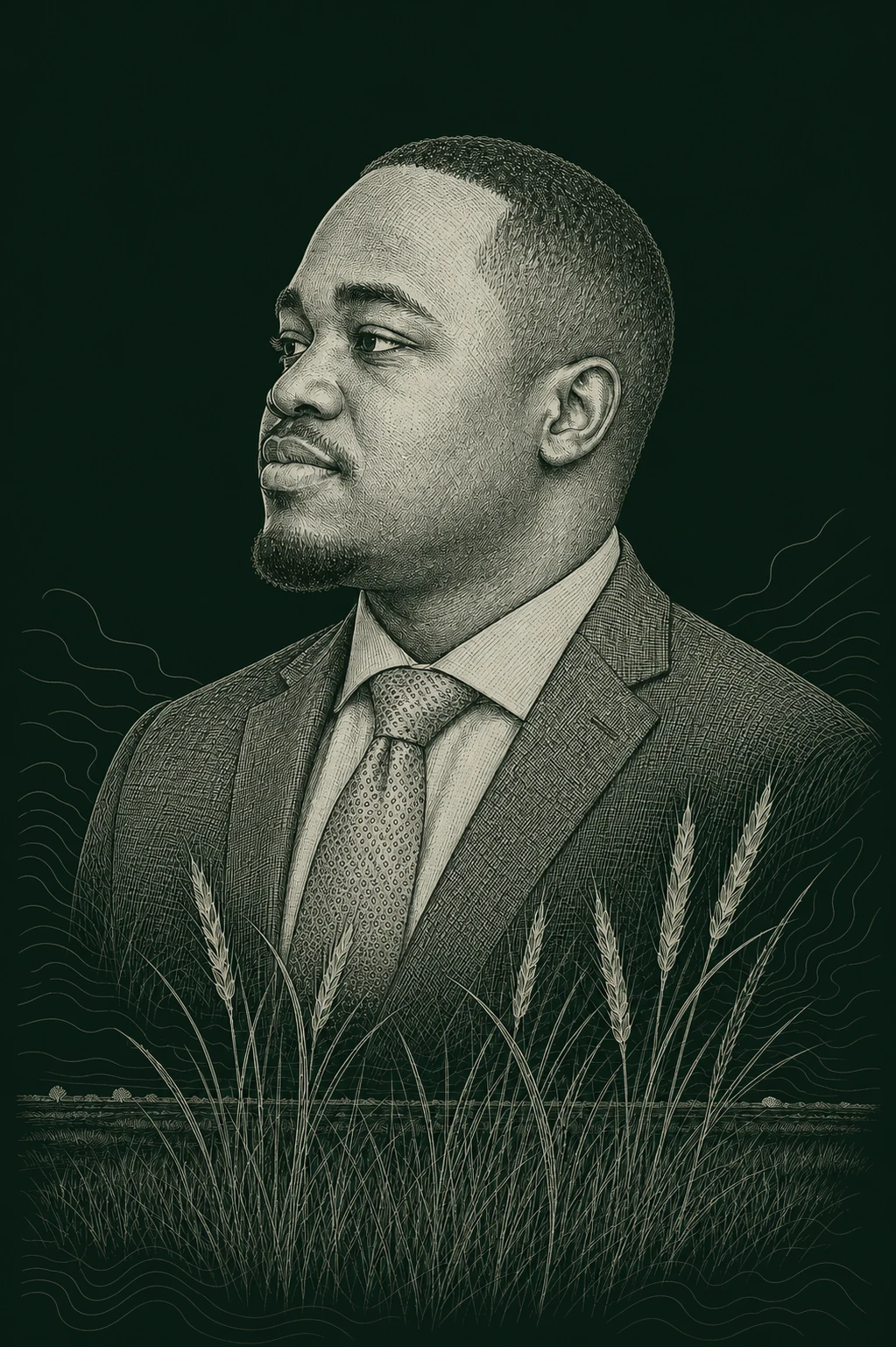 Pen and ink portrait of Praise Adesokan among prairie wheat