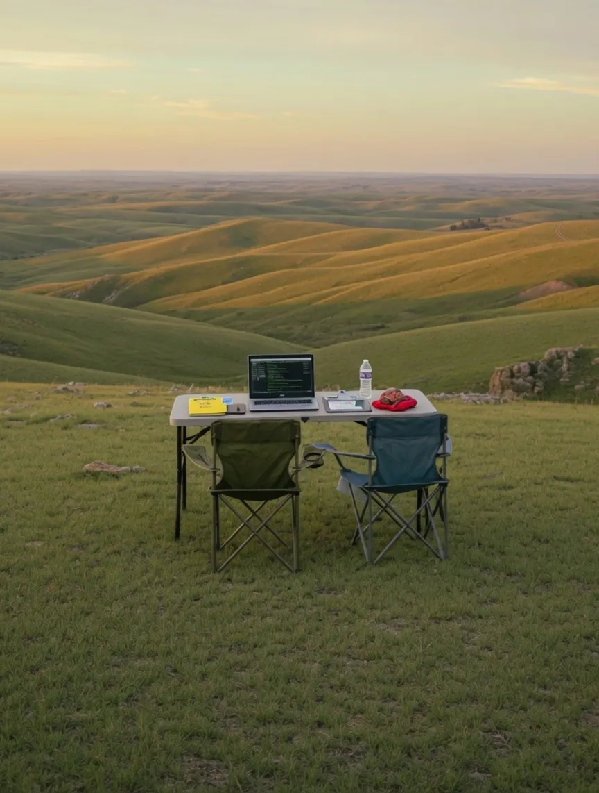 Empty field table and two chairs on a Kansas prairie ridge, a laptop still open, nobody there.