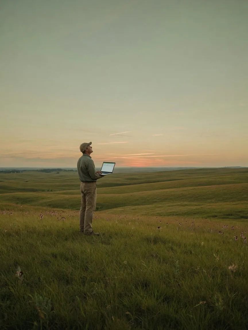 A man standing in open Flint Hills grassland with a laptop, looking out at a huge dusk sky.