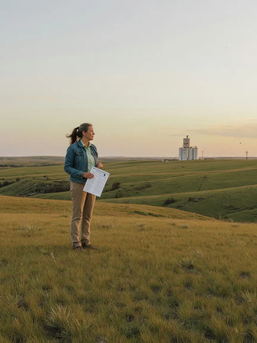 A woman standing in open Flint Hills grassland, holding a questionnaire and looking toward a distant grain elevator.
